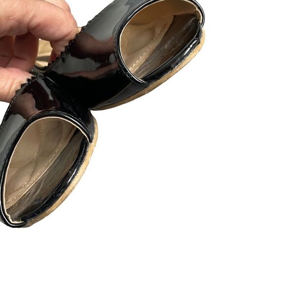 VANGELO DONNA Black Patent Leather Slip-On Wedge Peep Toe Shoes Scalloped 9 - Picture 5 of 15